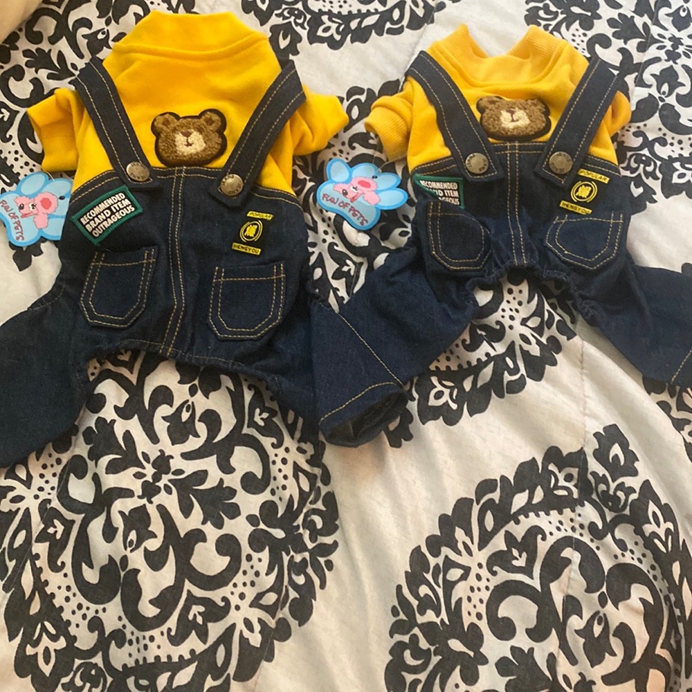 Two twins clothes for dog’s and it’s a cute Denim Overalls with a bear